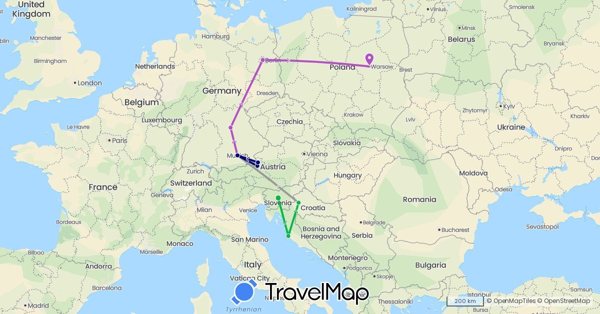 TravelMap itinerary: driving, bus, plane, train in Austria, Germany, Croatia, Poland, Slovenia (Europe)